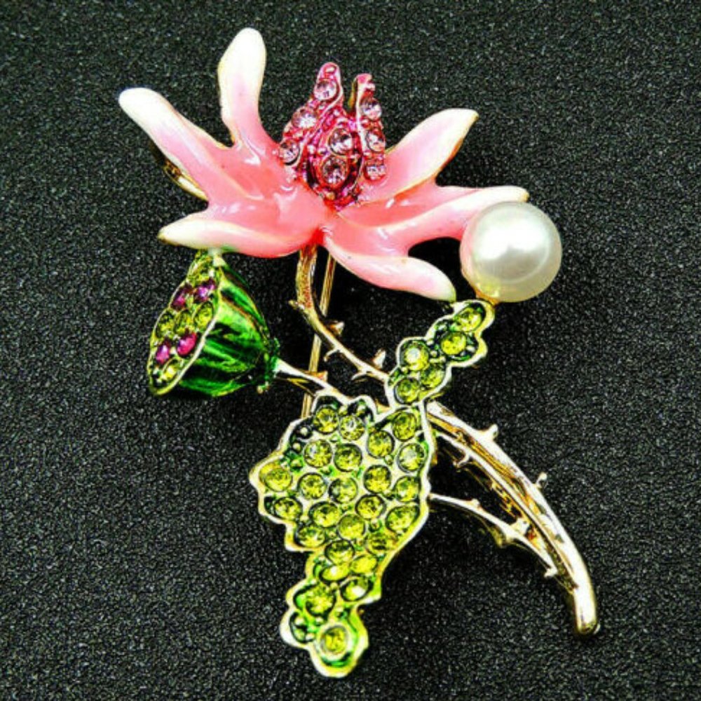 Hot Pink ORCHID Lotus Pearl Flower Pendant Brooch - Picture 3 of 8